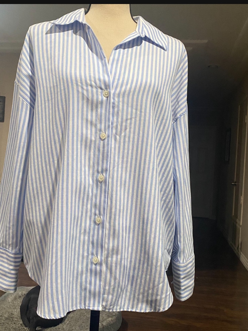 Zara Light Blue and White Striped Shirt- oversized